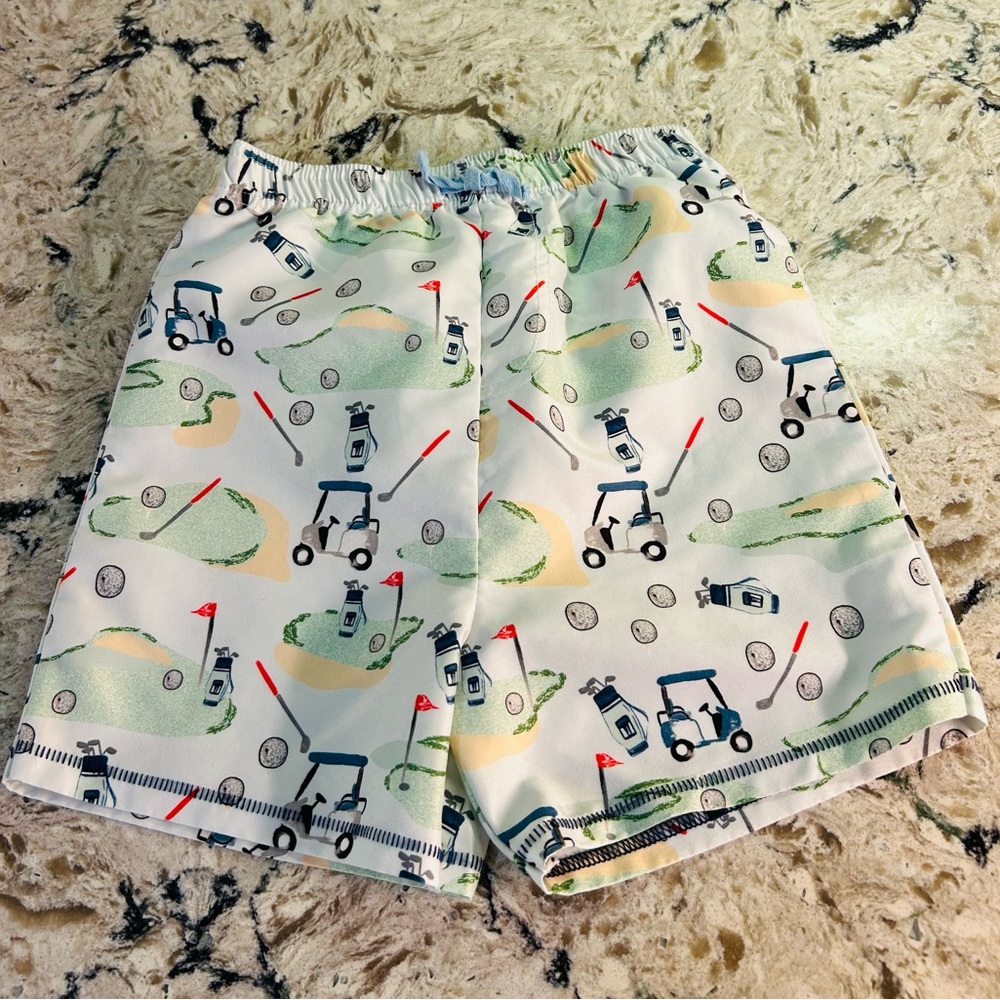 Mud Pie Toddler Boys Golf Print Swim Trunks - White and Green